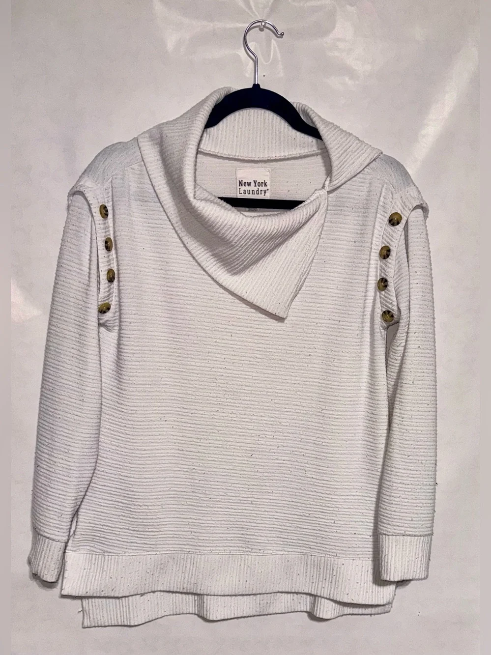 New York Laundry White Cowl Neck Sweater with Shoulder Buttons